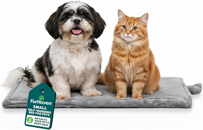 FurHaven ThermaNAP Self Warming Cat Mat, Dog Bed for Crates with Self-Warming Technology for Cozy Rest, Fully Machine Washable, Small, Plush Faux Fur, Gray