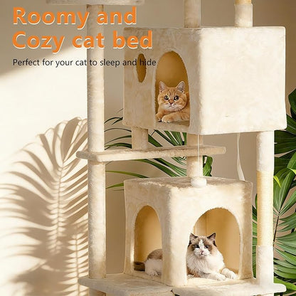 BestPet | 81" Cat Tree Tower | Cream | Sturdy, Easy to Assemble, Multi-Level Activity Center with Sisal Scratching Posts, Condos, Perches, Hanging Cat Toys, Observation Decks & Ladder