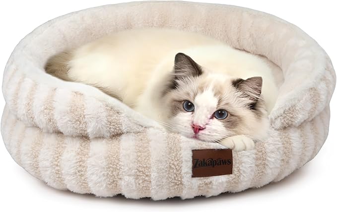 Cat Bed Kitten Bed - Washable Round Cat Beds for Indoor Cats, Soft Corduroy Fleece Pet Bed for Puppy and Kitten with Removable Double Sided Inner Cousion, 20", Beige