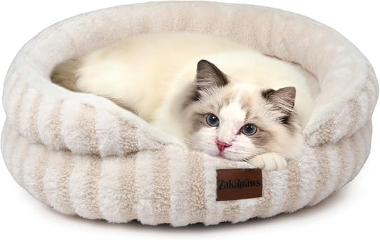 Cat Bed Kitten Bed - Washable Round Cat Beds for Indoor Cats, Soft Corduroy Fleece Pet Bed for Puppy and Kitten with Removable Double Sided Inner Cousion, 20", Beige