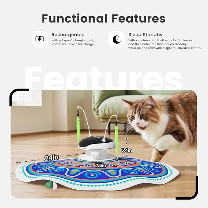 Gardner Pet Cat Toys Chargeable,5in1 Hide and Seek Automatic Interactive cat Toy, Chirping Moving Ambush Feather, Track Balls,Indoor Exercise Kicker 24 inch Cover for All Breeds,Boho Style - Blue
