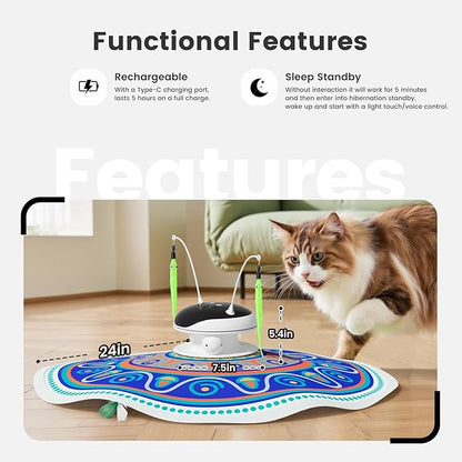 Gardner Pet Cat Toys Chargeable,5in1 Hide and Seek Automatic Interactive cat Toy, Chirping Moving Ambush Feather, Track Balls,Indoor Exercise Kicker 24 inch Cover for All Breeds,Boho Style - Blue