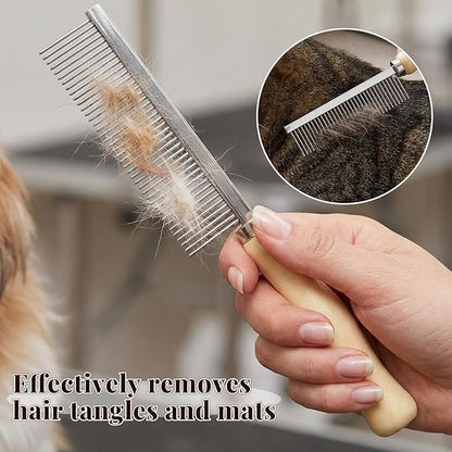 Pet Comb - Stainless Steel Teeth and Wooden Handle - Detangling and Smoothing Tool for Long and Short Hair Dogs and Cats