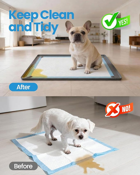 Pee Pad Holder for Dogs - 24" x 24" Non-Slip Silicone Puppy Potty Training Tray with 4 Magnetic Clips & Leak-Proof Raised Edge, Dog Pee Pad Holder for Home Indoor Floor Protection