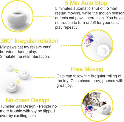 Migipaws Interactive Cat Toys, Butterfly & Feather Kitten Toy,Automatic Spinning Ball for Indoor Bored Cats,Self Play Intelligent Touch Senser, 3 Replacements