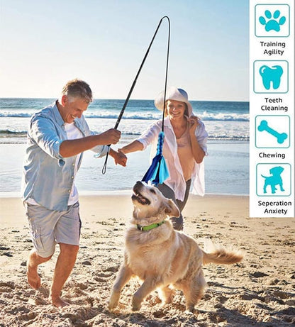 Interactive Dog Toys - Extendable Flirt Pole with 2pcs Fleece Lure Tugs for Dog Outdoor Entertainment, Train and Exercise, New Blue