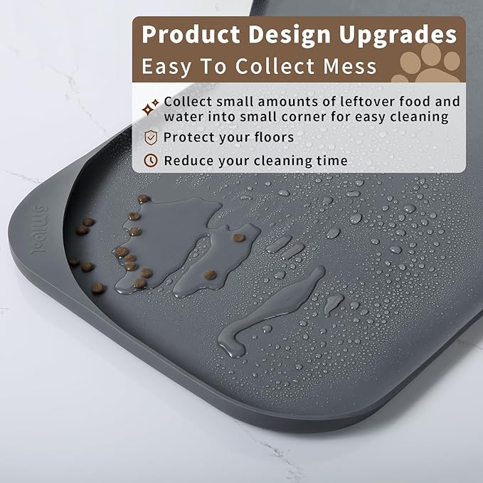 Silicone Pet Food Mat with Raised Edge for Food and Water Bowl, Dog Feeding Mats, Cat Food Trays for Floor Waterproof, Rubber Tray for Dogs and Cats, 24 x 16 x 0.8 Dark Gray