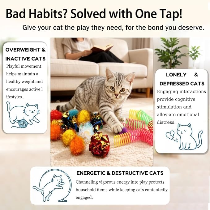LASOCUHOO Cat Toys, 30 Packs Interactive Cat Toy Pack Including Cat Crinkle Balls, Cat Sparkle Balls, Spiral Springs for Kitten （Random Color）