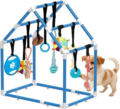 Large Puppy Play Gym & 10 Hanging Toys Indoor Play Gym Interactive Dog Toys for Boredom Enrichment Activity for Small Dog Teething PVC Frame Stretchy Rope with Velcro (Blue,33.5 x 28.5 x 19.6 inch)