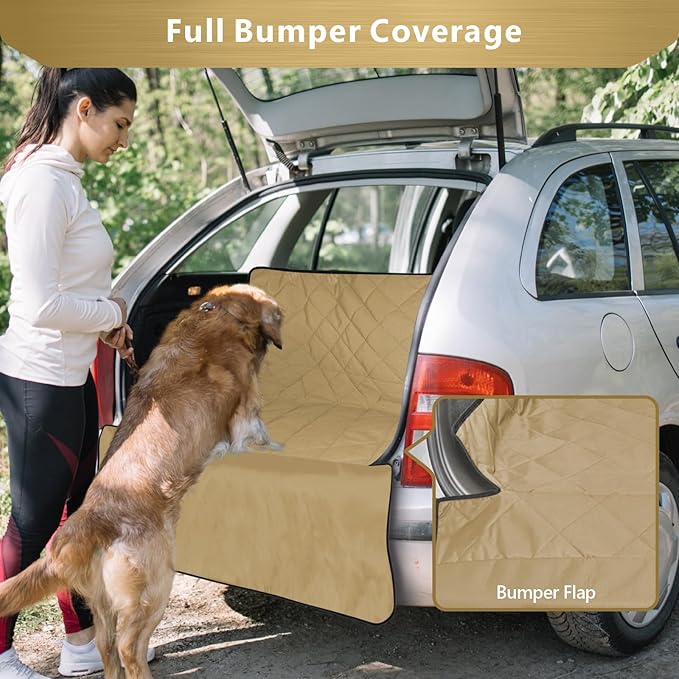 F-color SUV Cargo Liner for Dogs, Water Resistant Pet Cargo Cover Dog Seat Cover Mat for SUVs Sedans Vans with Bumper Flap Protector, Non-Slip, Large Size Universal Fit, Khaki