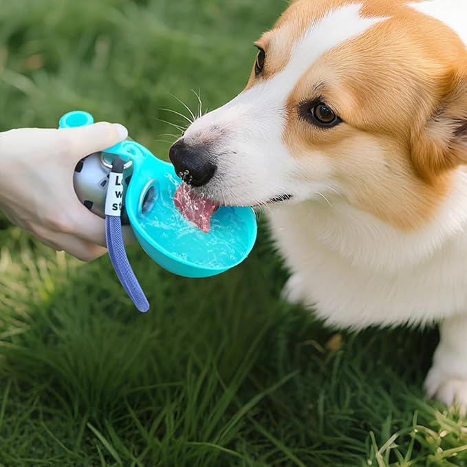 Foldable Pet Water Bottle, Portable Leak Proof Dog Water Bottle with Silicone Drinking Bowl, 304 Stainless Steel Travel Water Dispenser for Dogs and Cats, 287ML (Blue+Print)