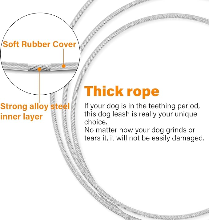 Heavy Duty Dog Leash - 6FT Metal Chew Proof, Comfortable Leather Padded Handle, Stainless Steel for Control - Silver