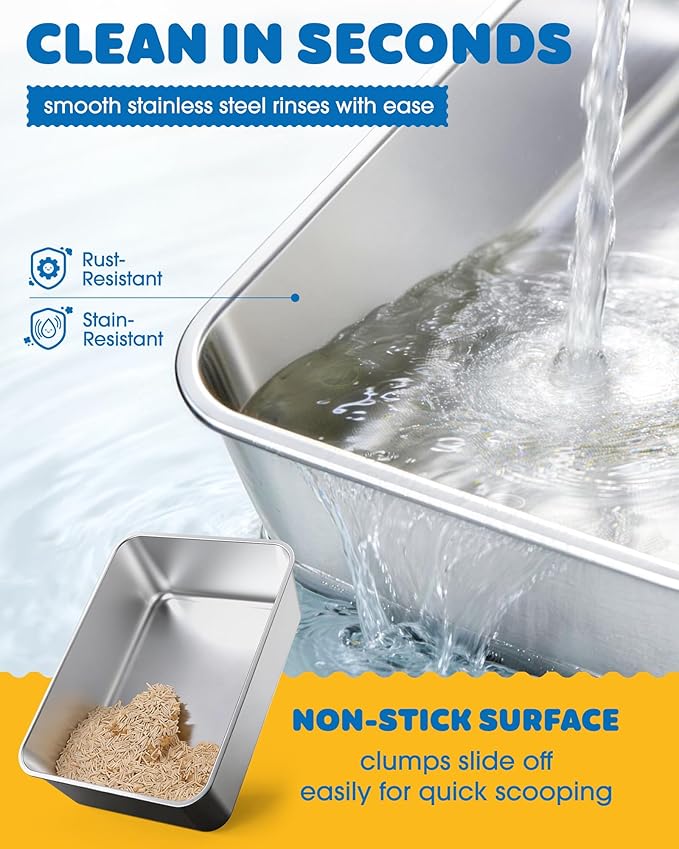 Stainless Steel Cat Litter Box, Metal Litter Box with Scoop, High- Sided, Anti-Leakage Top Entry, Non-Sticky, Easy to Clean, Grey, M (2 Pack)