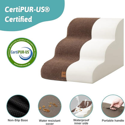 Wide Dog Stairs for Small Dog 15.7" H, Pet Step for Puppy, Older Cat, Curved Ramp for Couch, Durable Anti-Slip Ladder with High Density Foam, 3 Step, 17.7x22.4x15.7 inch, Brown