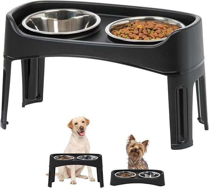 IRIS USA Adjustable Elevated Dog Bowls, Raised Feeder with 2 Stainless Steel 64 oz Bowls, Spill-Guard Rim, 12.25" or 4.63" Heights, Durable Plastic, Made in USA, Black