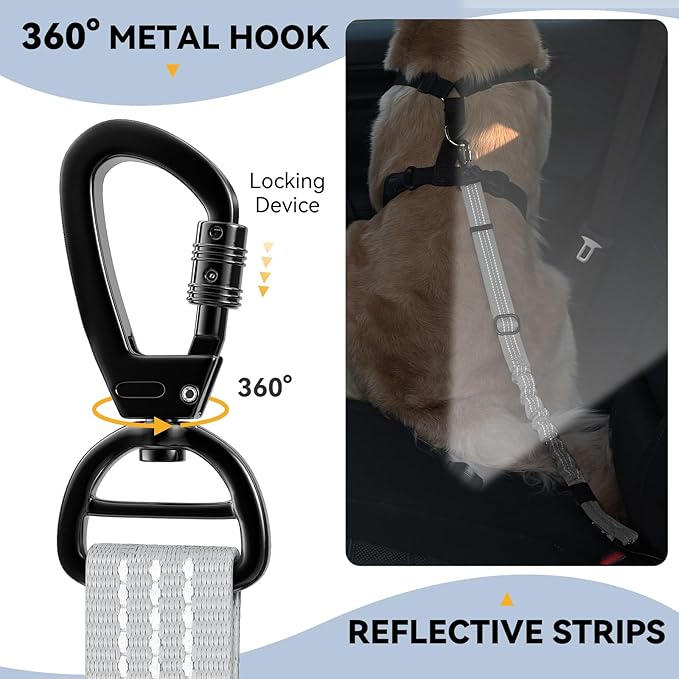 Pawaboo 2Pack Dog Seatbelt for Car, 3-in-1 Dog Car Seat Belt, Shockproof Dogs Tether with Buckle & Hook Latch, Adjustable Reflective Dogs Cars Harness Leash with 360° Lockable Buckle, Gray & Black