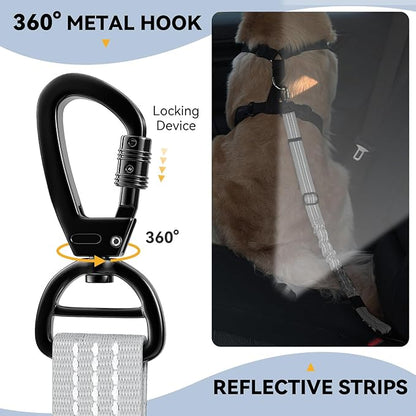 Pawaboo 2Pack Dog Seatbelt for Car, 3-in-1 Dog Car Seat Belt, Shockproof Dogs Tether with Buckle & Hook Latch, Adjustable Reflective Dogs Cars Harness Leash with 360° Lockable Buckle, Gray & Black