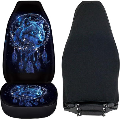 Car Seat Covers Set of 2, Wolf Dream Catcher Print Universal Auto Front Seat Protector Vehicle Seat Cushion Cover for Women Decorative Car Accessories Fit for Car SUV Truck
