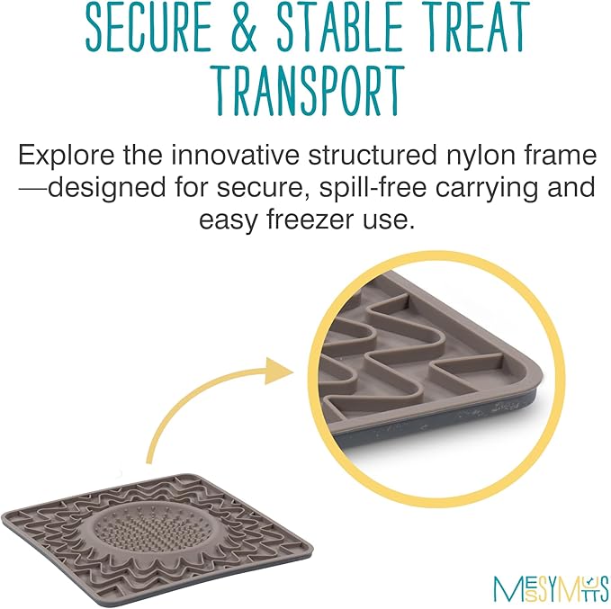 Messy Mutts Framed Silicone Therapeutic Licking Bowl Mat | 9.5" x 9.5" | Slow Feeder Mat for Boredom & Anxiety | Lick Pad for Dogs & Cats | Grey