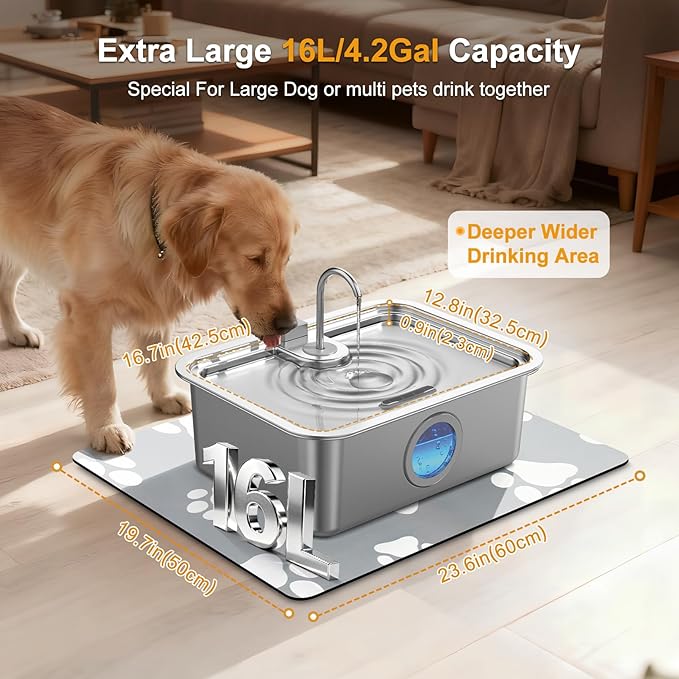 16L/4.2Gal Dog Water Fountain Stainless Steel with Silicone Mat & 4 Set Filters, DYSJ03 Dog Fountain Water Bowl for Large Dogs Cats & Multi-Pet Home, 5-Layer Filtration & Easy to Clean