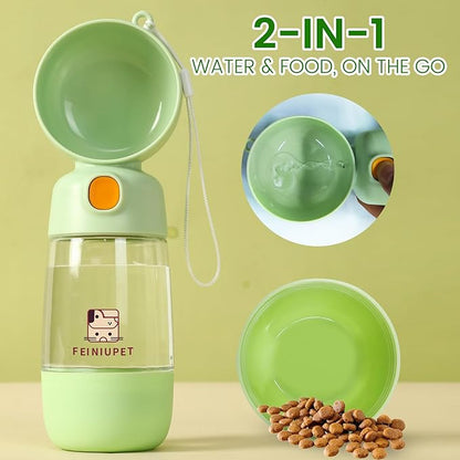 Dog Water Bottle with Food Container, 2-in-1 Cat & Small Dog Water Bottle Portable for Walking, Hiking, Travel - Green
