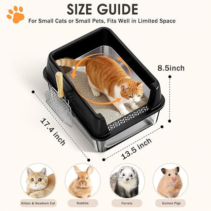 Stainless Steel Litter Box with Lid: Metal Cat Litter Box for Small Cats with Scoop, High Sided Kitty Litter Pan Tray, 17.4'' x 13.5'' x 8.5'', Non-Stick, Anti-Leakage, Easy Cleaning (Black)