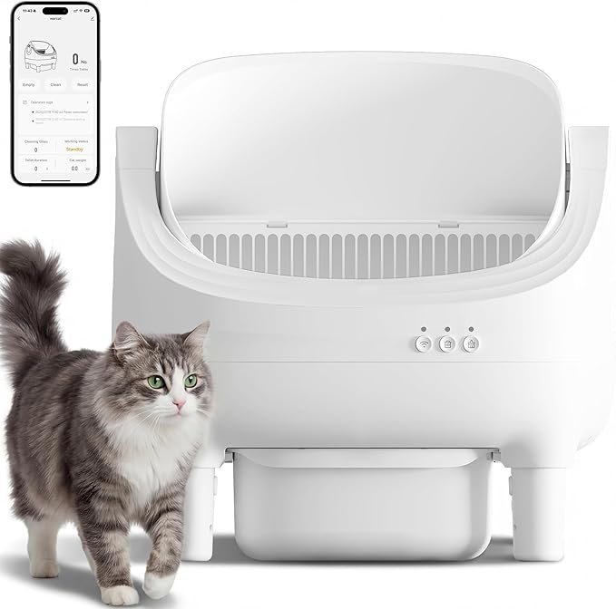 Self Cleaning Cat Litter Box, Greesum Automatic Open-Top Smart Litter Box with App Control, 15L Odor-Sealed Waste Bin, Quiet 35dB, Safety Sensors for Large Cats & Multi-Cat Homes