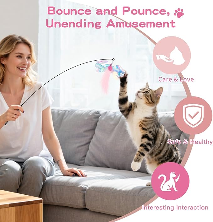 Pawaboo Feather Teaser Cat Toy, Interactive Feather Wand Cats Toy Flying Feathers Cat Catcher with Extra Long 34.5" Wand and Small Bell, Exerciser Playing Toys for Kitten or Cats, Pink Butterfly