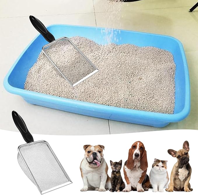 Stainless Steel Mesh Litter Shovel, Fine Mesh Metal Reptile Litter Cleaner Scooper, Black Non-Slip Handle Sifter for Lizard Substrate Reptile Terrarium Sand Waste