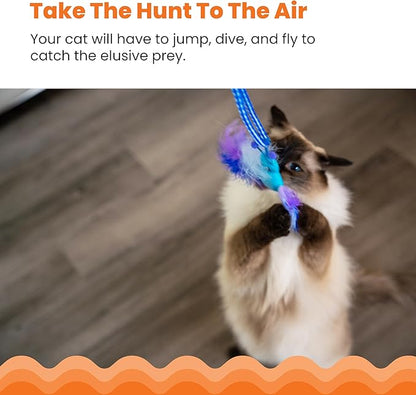 Catstages Tail Teaser Air Prey Cat Wand Toy for Indoor Cats, Interactive Cat Toy with 2 Feathered Catnip Toys, Crinkle Sounds, and Durable Rope for Leaping Play, Blue