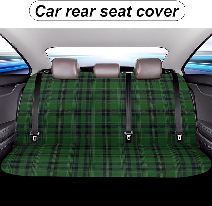 Car Interior Decor Seat Cover, Fashion Universal Stretch Back Seat Protector, Car Accessories Rear Bench Seat Covers for Trucks SUV Compatible with Black Green Scottish Tartan Plaid Art