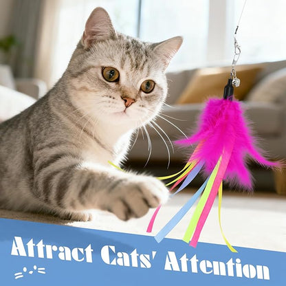 SONGWAY Cat Wand Toys for Indoor Cats - Cat Toy Set with Retractable Teaser Wand and 6 PCS Colorful Large Feather Toy Refills, Butterfly Tassel Plush Cute Cat Toys Interactive