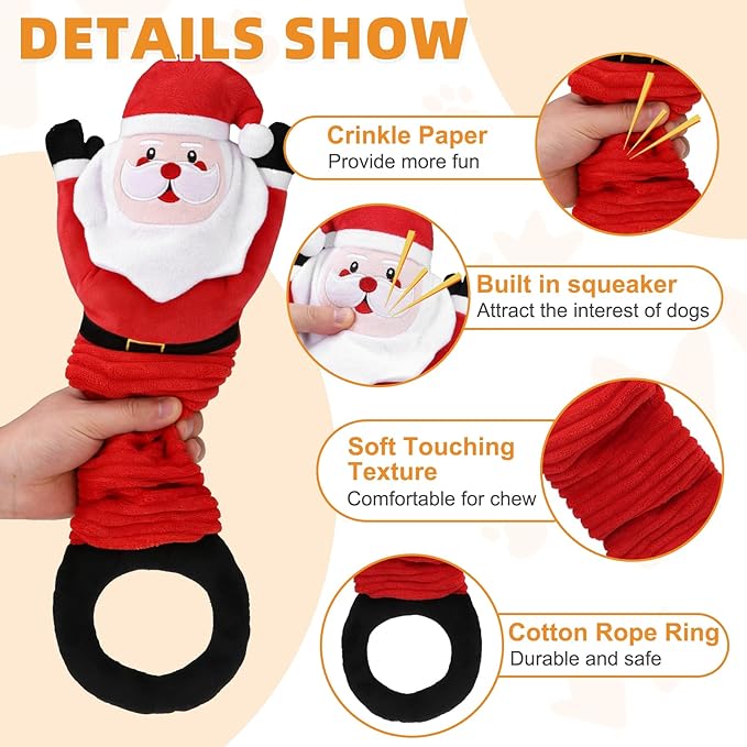 KOOLTAIL Christmas Santa Dog Toys, Tough Plush Dog Chew & Squeaky Toys with Crinkle Paper, Interactive Training & Tug of War Puppy Teething Toy for Indoor Outdoor Play for Small Medium Large Dogs