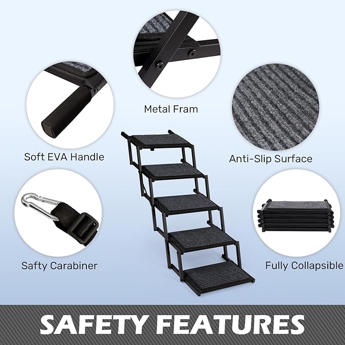 Dog Steps for Car, Truck and SUV - Foldable Pet Stairs for Large Dogs with Non-Slip Rug Surface, Lightweight Dog Ramp Holds Up to 250lbs, 5 Steps (Black Metal Fram, 5 Steps)