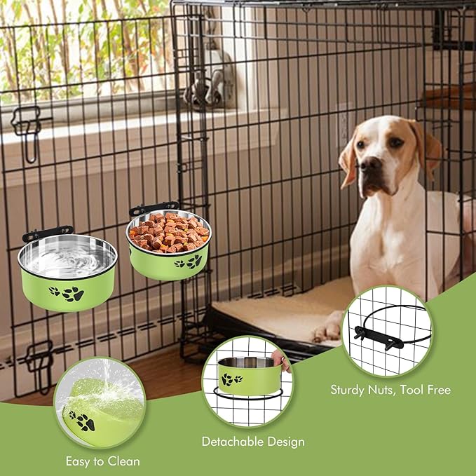 Dog Crate Bowls, ShineMe Stainless Steel Dog Kennel Bowls for Crates, Spill Proof Dogs Dishes that Attach to Crate Kennel Cage for Small Medium Size Dogs Cats, Set of 2, Green (6.2x2.6” & 5.5x2.4”)