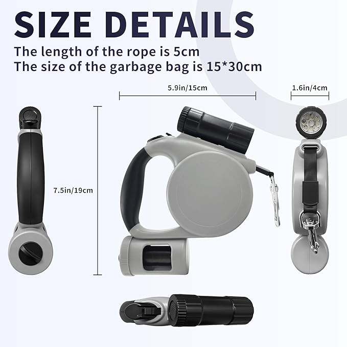 Retractable Dog Leash for Medium & Small Dogs - 16.4 Ft Pet Leash with Detachable LED Flashlight, Poop Bag Dispenser, Ergonomic Handle(Gray)
