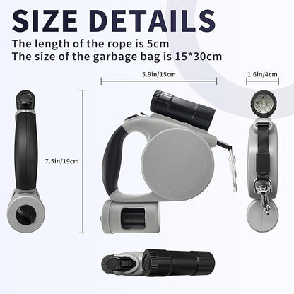 Retractable Dog Leash for Medium & Small Dogs - 16.4 Ft Pet Leash with Detachable LED Flashlight, Poop Bag Dispenser, Ergonomic Handle(Gray)