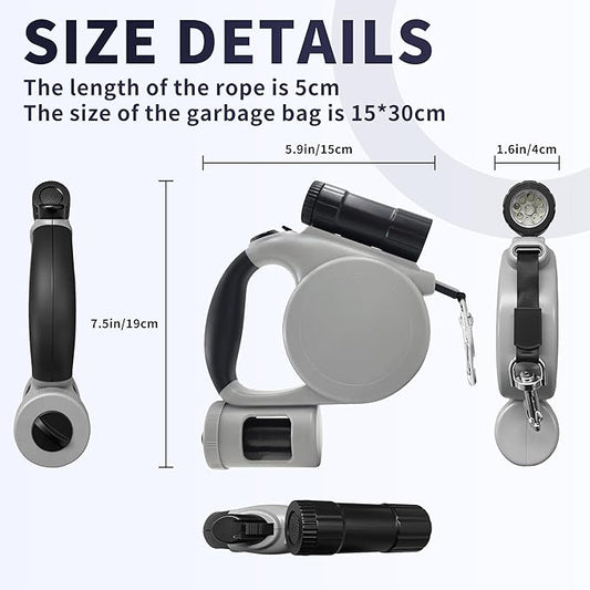Retractable Dog Leash for Medium & Small Dogs - 16.4 Ft Pet Leash with Detachable LED Flashlight, Poop Bag Dispenser, Ergonomic Handle(Gray)