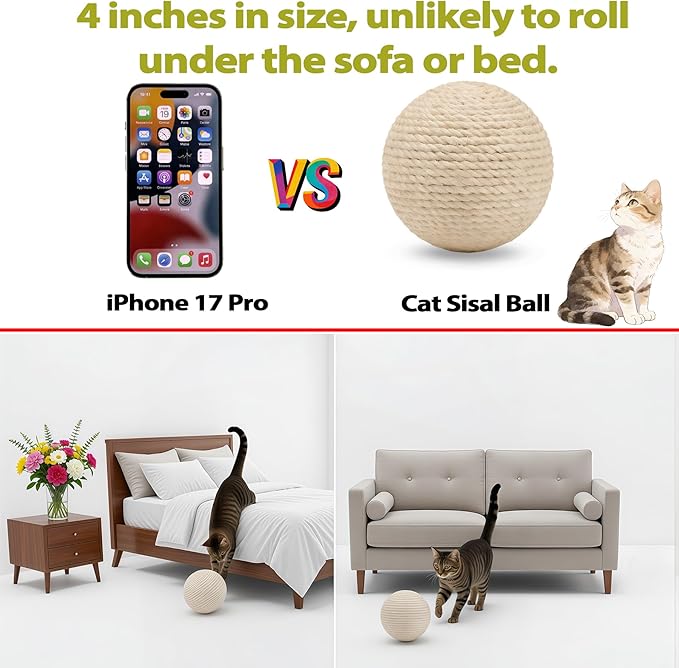 4-Inch Sisal Cat Toy Balls with Crinkle Sound | Indoor Cat Toys for Teething, Claw Sharpening & Play | Large Size Prevents Rolling Under Furniture (White)