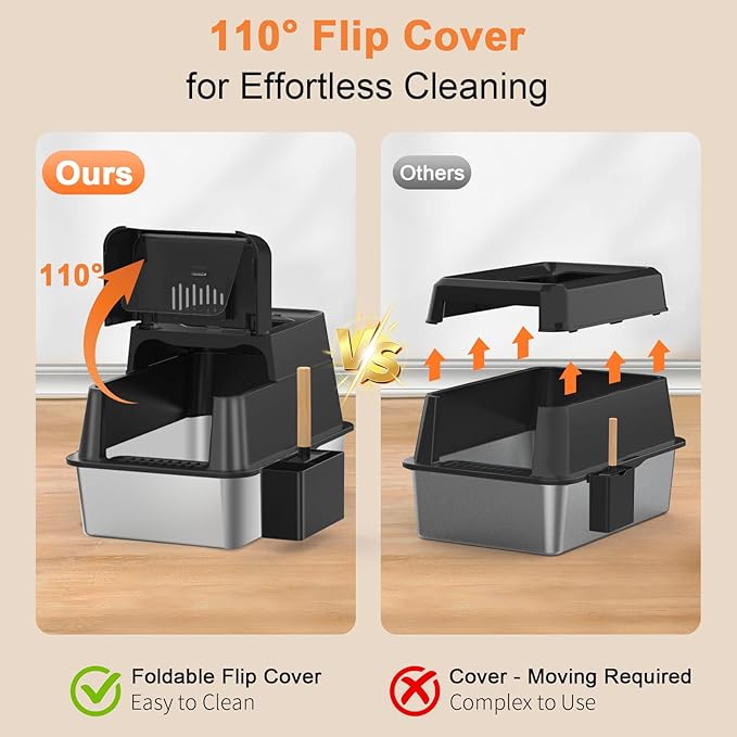 URPOWER Stainless Steel Cat Litter Box with Lid 110° Flip-Top Extra Large Enclosed Litter Box Non-Sticky Metal Pan with High Sided & Scoop, Odor Free, Front & Top Entry, Anti-Leakage, Easy Cleaning