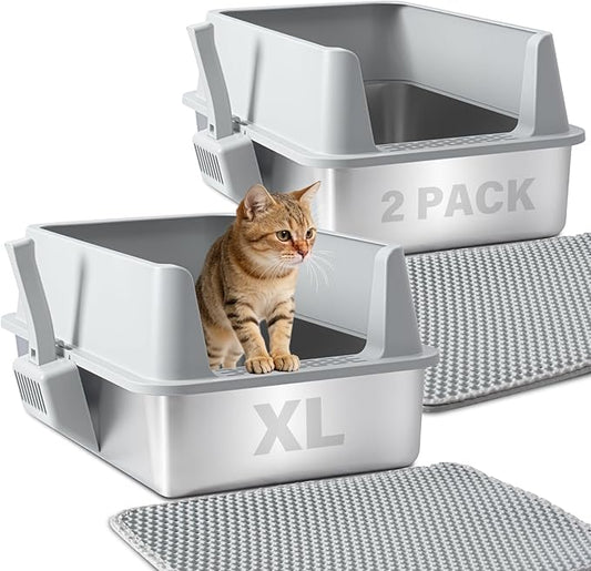 Stainless Steel Litter Box 2 Pack, XL Metal Litter Box with Lid, Extra Large Cat Litter Boxes for Big Cats with High Sides, Easy Cleaning, Non Stick, No Smell, Include Scoop and Mat