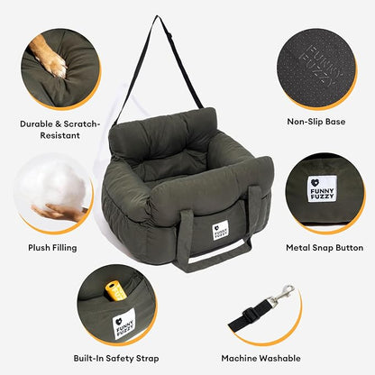 Funny Fuzzy Dog Car Booster Seat for Small Medium Dogs Up to 25lbs, Waterproof Fabric with Non-Slip Base & Safety Leash, Fully Detachable & Machine Washable (Army Green)