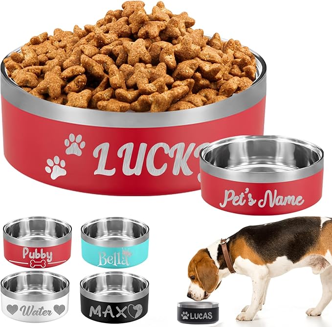 Personalized Dog Bowl Custom Dog Bowls with Name Customized Laser Engraved Stainless Steel Pet Dishes for Large Small Dogs Cat 18/32/42/64oz Feeding Supplies-Red 18oz
