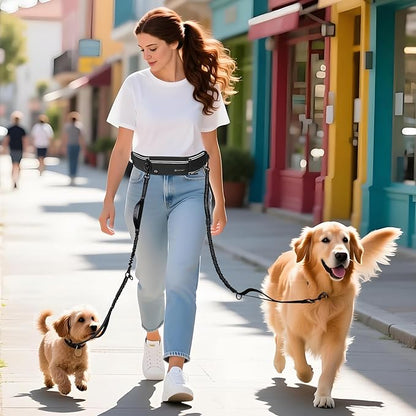 Tails & Tales Hands Free Dog Leash with Waist Pouch, Lumbar Support Upgraded, Bungee Reflective Leash, Adjustable Belt 25-55", Walking Running Hiking Training for Dogs Up to 125lbs (Black, Two Dogs)