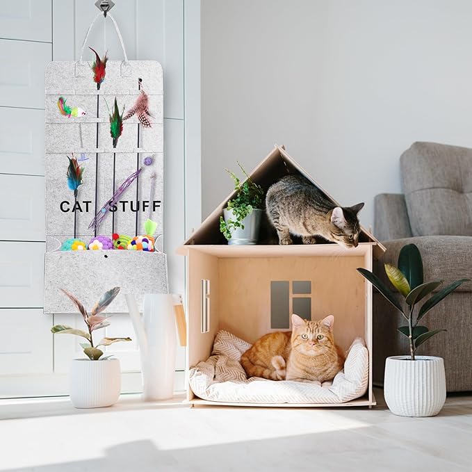 2 Pack Cat Wand Toy Storage Bag, Hanging Cat Teaser Holder for Neatly Organization, Durable Feather Pet Toy Organizer Bag with Handle for Indoor Pet Supplies, Feline Safety