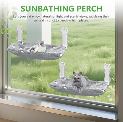 2 Pack Cat Window Perch, Glow in The Dark Foldable Cat Window Hammock with Sunken Design, Removable Soft Cover, Breathable Cordless Window Bed for Cats Inside Holds up to 40lbs (Star Grey)