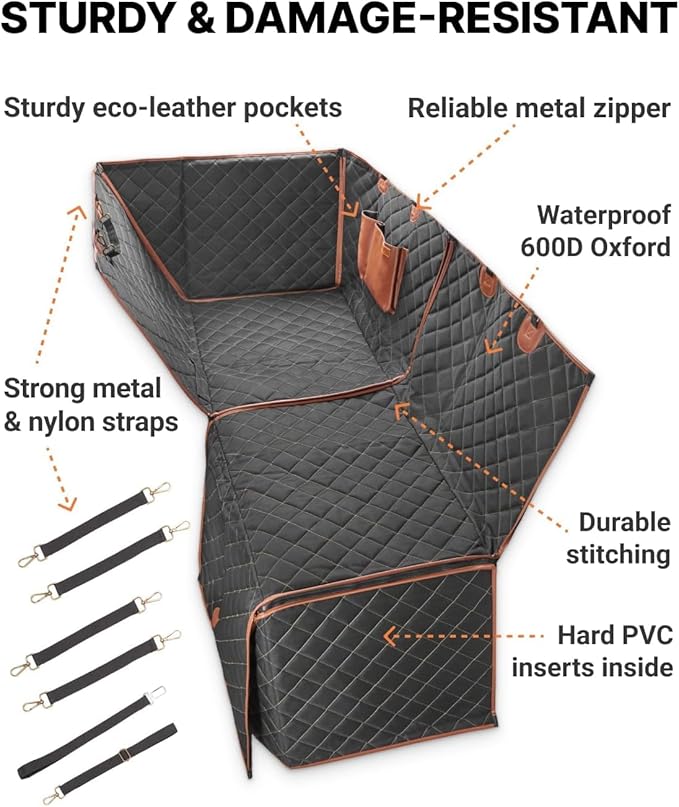 Owleys Dog Car Seat Cover for Back Seat with Shock-Absorbing Dog Seat Belt, Waterproof 600D Oxford Dog Hammock for Car, Heavy Duty Pet Seat Cover for SUV & Trucks - Black Standard