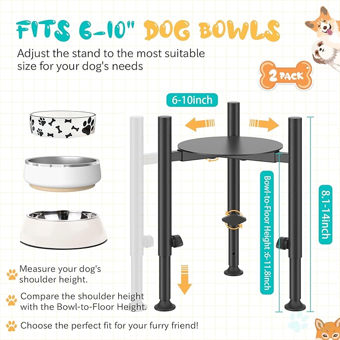2 Pack Adjustable Dog Bowls Elevated Stand, 4 Heights, Wide 6-10",Oppro Metal Raised Tall Single Food Bowl Holder, Sturdy Lifted Water Feeder with Tray for Medium Large Small Breed,H:8”/10”/12”/13.8”