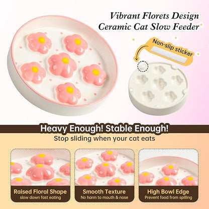 Ceramic Cat Slow Feeder Bowl - 6 OZ Puzzle Food Dish for Healthy Eating - Shallow Wide Whisker Friendly - Dishwasher Safe - 6.3 x 1.2 Inch - Blush Pink Flower