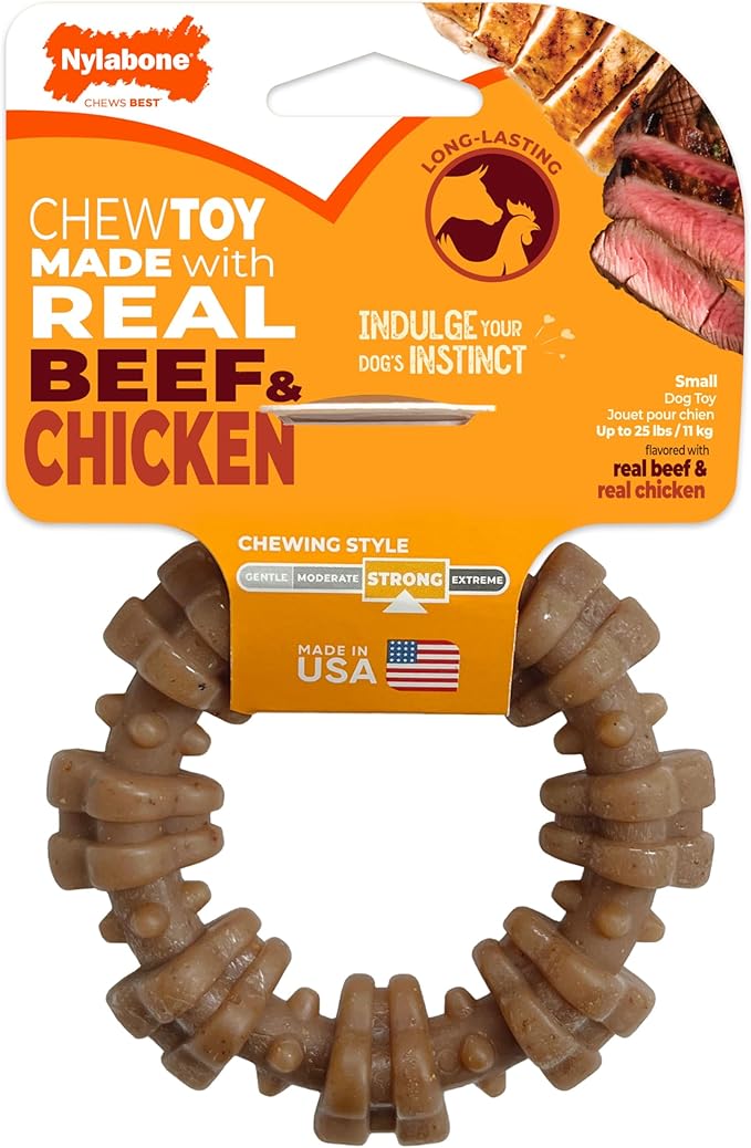 Nylabone Strong Chew Textured Ring Dog Toy Made with Real Beef & Chicken, Durable Chew Toys for Aggressive Chewers, Long Lasting Dog Bone, Keeps Dogs Busy, Small Breeds - Up to 25 lbs